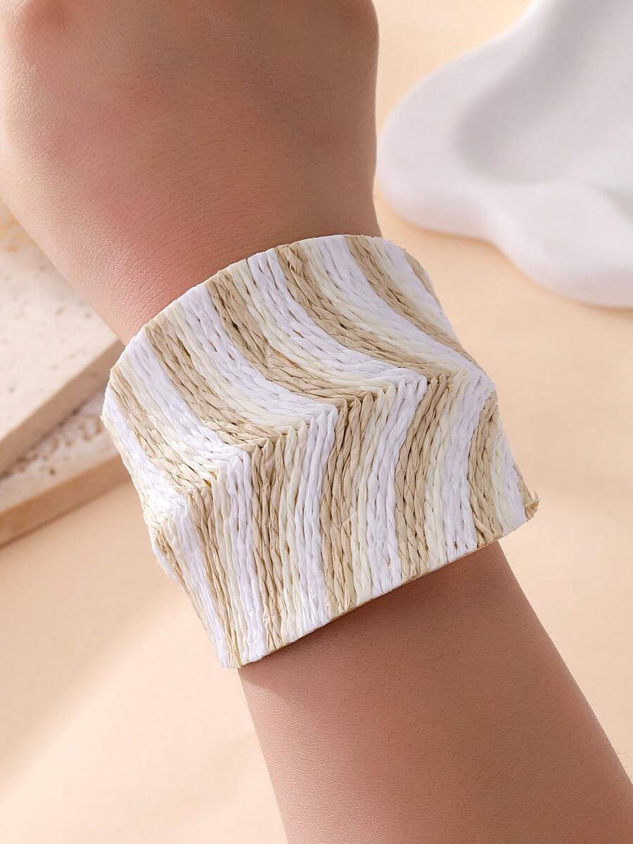 1件配色波浪手工編織多功能女用復古草編紋理手鐲手鍊，個性時尚，誇張百搭，適合度假、派對、下午茶及日常穿搭
