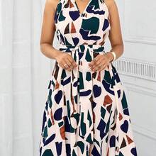 Lady Vestido para mujer con estampado geométrico y lazo en la cintura, para uso en vacaciones de verano - Multicolor - Ver 5