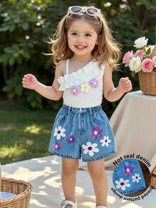 2pcs/Set Toddler Girls' Sweet White Spaghetti Strap Ruffle Floral Tank Top And Shorts Set, Suitable For Beach Vacation, Photo Shoot, School, Family Activities, Casual Daily Wear, Outdoor Play - White - View 2
