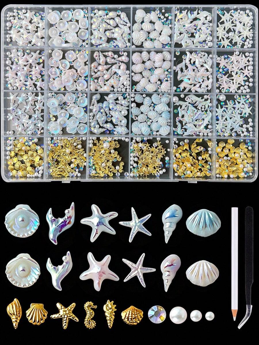 1盒夏季海灘海洋美甲裝飾套組,3D貝殼海星美人魚尾美甲飾品,金色合金美甲用品含水鑽與珠飾,附鑷子與美甲筆,適合DIY美甲與指甲裝飾 - 彩色 - 查看 1