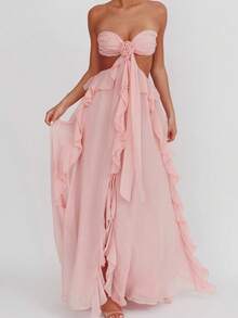 Nuevo Vestido Largo Gasa Volantes Espalda Descubierta - Rosa - Ver 1