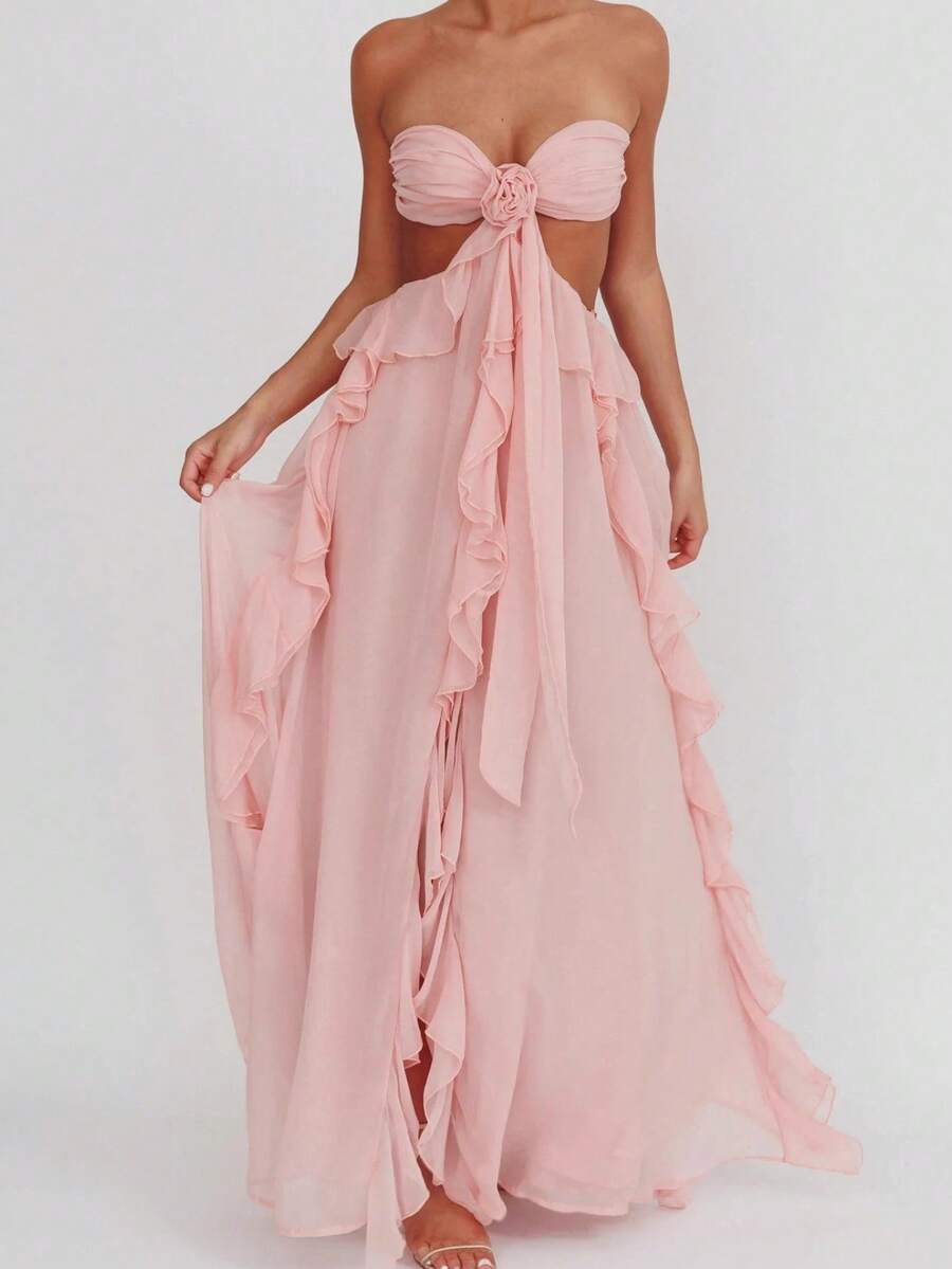 Nuevo Vestido Largo Gasa Volantes Espalda Descubierta - Rosa - Ver 1