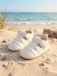 1 Pair Boys Solid Color Hollow PU Hook & Loop Design Flat Non-Slip Breathable 0-15 Months Infant Pre-Walker Shoes Minimalist Fashion Sports Sandals Suitable For Spring And Summer - White - View 1