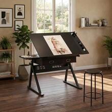 Mesa de dibujo ajustable con 2 cajones, ideal para oficina en casa y escuela, con taburete (negra) - Negro - Ver 5