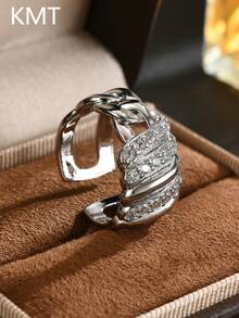 KMT 1pc Copper Inlaid Artificial Zirconia Creative Twisted Chain Women's Ring, 3D Line Design With High-End Luxury Feel, Essential Fashion Accessory For Young People, Minimalist High-End Commuter Style, Perfect Gift For Goddess Day, Women's Day, Birthday, Suitable For Workplace Colleagues, Best Friends, Female Elders, Elegant And Stylish. Thick Chain Cuban Open Ring, American Retro Hot Girl Style, Unisex, Street Cool Girls - Twisted Chain Clause - View 2