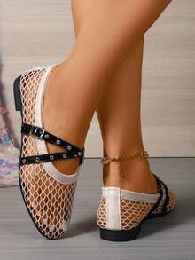 [Qishangda] Scarpe da donna con punta tonda in microfibra e rete traspirante, con cinturino singolo, piatte, taglie grandi, sandali Mary Jane in rete intrecciata, scarpe alla moda piatte con cinturino singolo e design traforato - Bianco e nero - Visualizzare 9