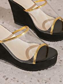 Women's New Black Transparent Round Toe Open Toe One-Piece PVC Upper, Wedge Heel Thick Sole Slip-On Sandals, Transparent PVC With Gold Thin Strap Splicing, Nude Feel Refreshing, Toe-Split Style Fits Foot Shape, High Waterproof Platform Wedge Heel Stable, Simple Fashion Style, Suitable For Beach, Commute, Daily Multi-Scene, Versatile Sandals - Black - View 6