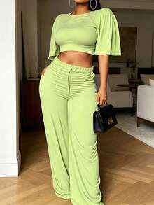 2pcs/Set Atasan Crop Lengan Ruffle Kasual Wanita Ukuran Plus dan Celana Panjang Lebar Elegan untuk Musim Panas - Hijau - View 1