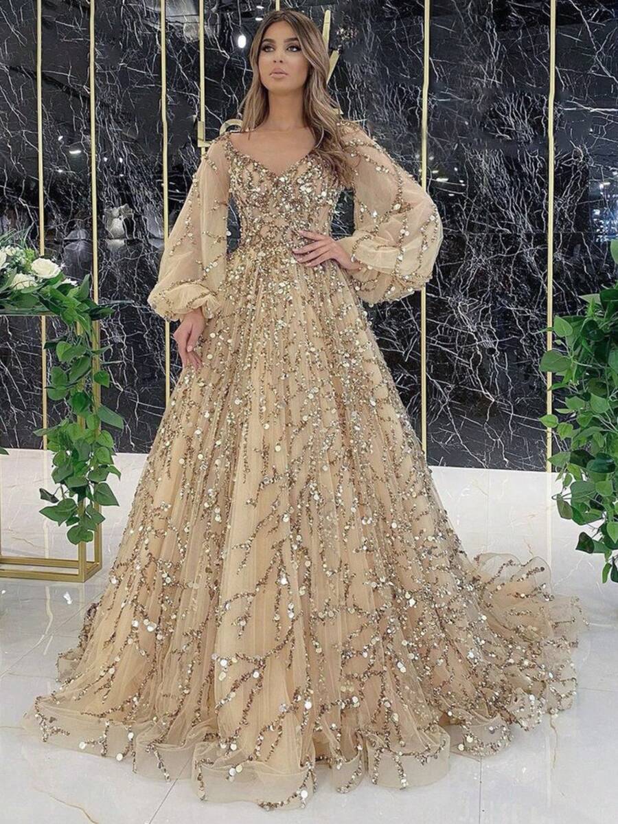 Champagne Beaded Evening Gown For Women V Neck Long Sleeve Tulle Prom Dress With Train Formal Party Ball Gown - 金色 - 查看 1