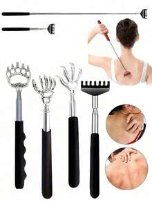 4pcs/1set/1pc Retractable Stainless Steel Back Scratcher Gua Sha Brush, Ergonomic Design Handle, Suitable For Hard-To-Reach Areas, Portable Itch Relief Massager, Unisex, Perfect Gift For Parents And Teenagers, Exquisite Gift Bag Packaging, Adjustable Rubber Handle Massage Tool, Back Gua Sha Brush, Suitable For Home, Office, Gym, Outdoor And Travel, Family Essential, Unisex Gift - High-quality Back Scratcher - View 2
