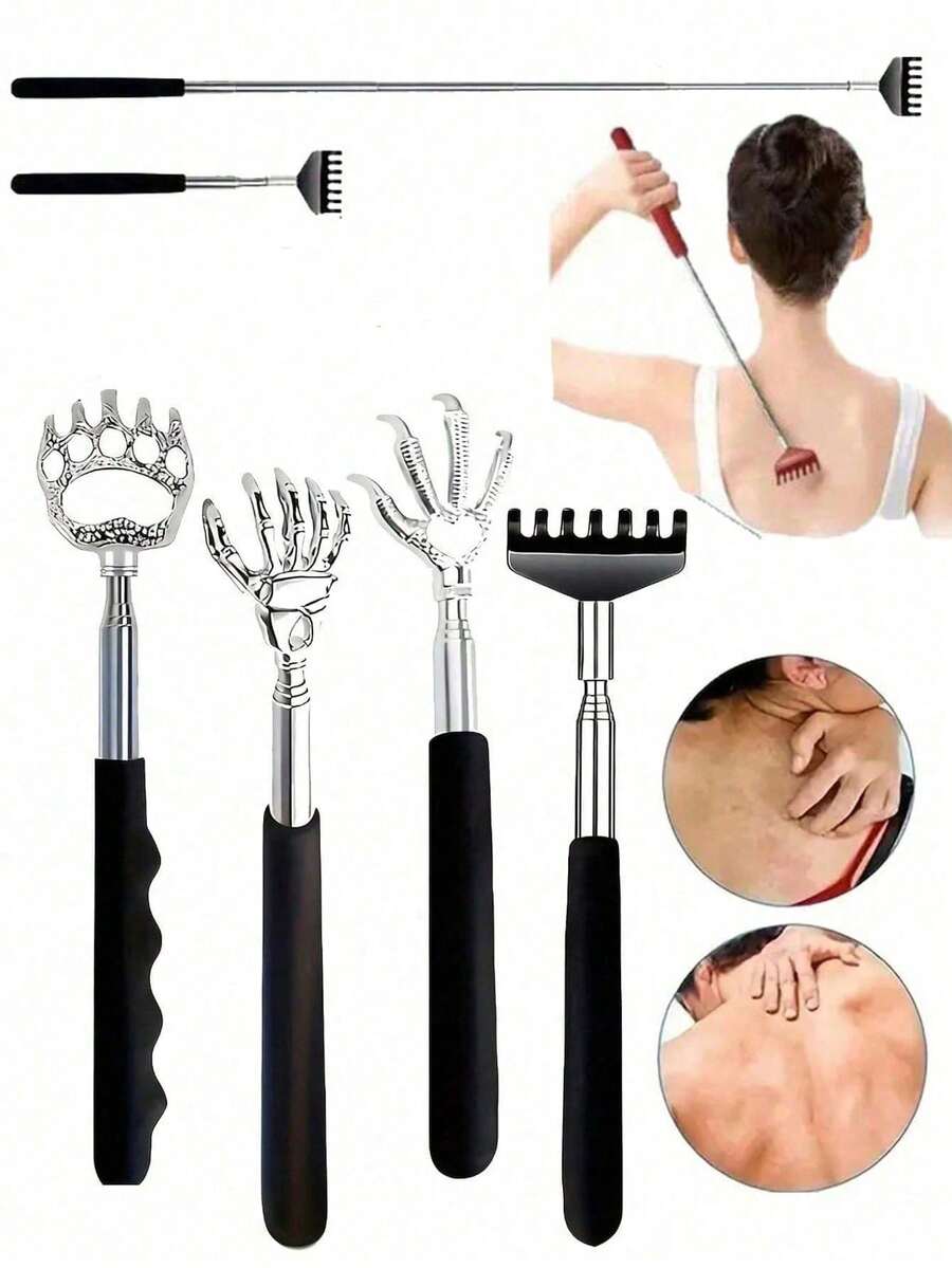 4pcs/1set/1pc Retractable Stainless Steel Back Scratcher Gua Sha Brush, Ergonomic Design Handle, Suitable For Hard-To-Reach Areas, Portable Itch Relief Massager, Unisex, Perfect Gift For Parents And Teenagers, Exquisite Gift Bag Packaging, Adjustable Rubber Handle Massage Tool, Back Gua Sha Brush, Suitable For Home, Office, Gym, Outdoor And Travel, Family Essential, Unisex Gift