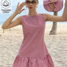 Vestido de algodón y lino de estilo casual tejido de color rosa rojo, vestido  para mujer - Rojo y blanco - Ver 1