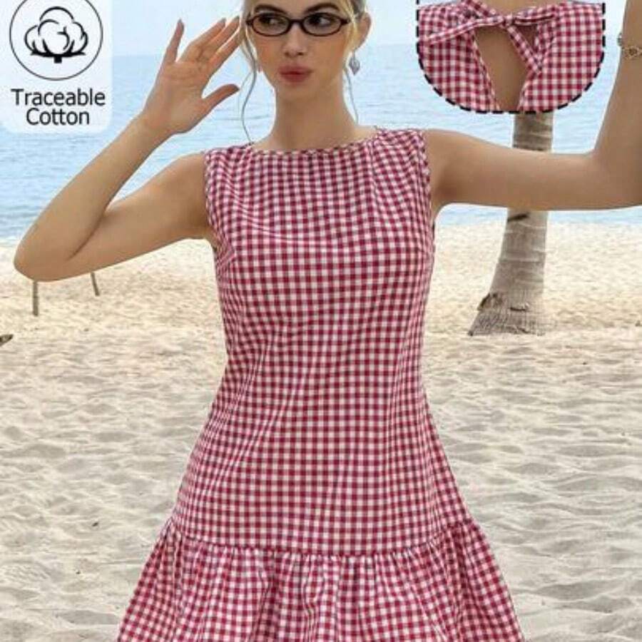 Vestido de algodón y lino de estilo casual tejido de color rosa rojo, vestido para mujer - Rojo y blanco - Ver 1