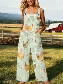 Women's Farm Chicken Floral Print Knit Overalls With Pockets, Machine Washable, Casual Vacation Outfit, Versatile For Daily Wear & Sports - 彩色 - 查看 3