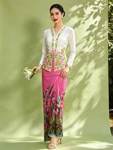 Saruang Kebaya For Women, Nyonya Kebaya 1pc Floral Print Elegant Skirt, Spring/Summer (Top Not Included) - Red - View 10