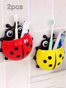 2pcs Cute Cartoon Ladybug Wall-Mounted Toothbrush Holder, Wall-Mounted Bathroom Storage Rack, Can Hold Toothpaste And Facial Cleanser, Suitable For Bathroom, Dorm - Multicolor - View 1