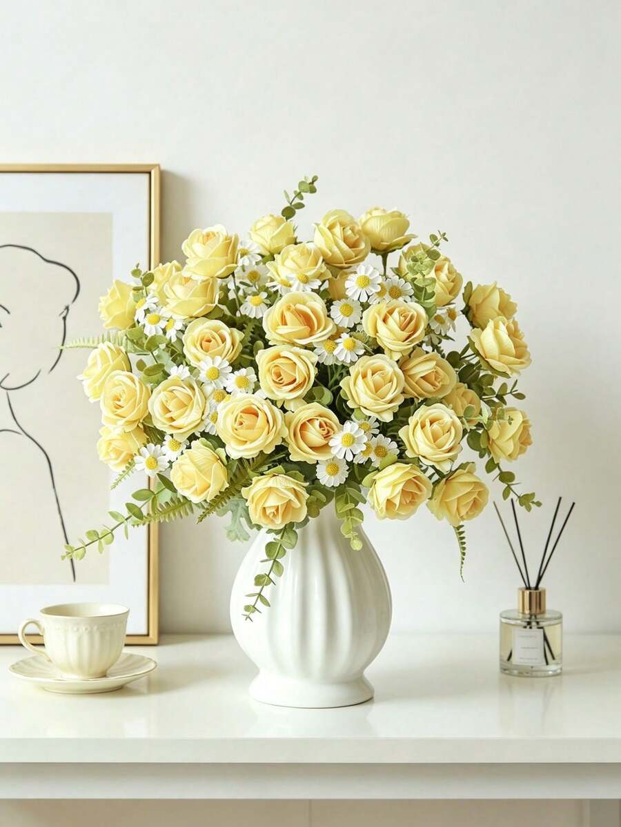 1pc Artificial Rose Flower, Suitable For Spring, Summer, Wedding, Home Decor, Kitchen Supplies, Restaurant, Room Decor, Bedroom Decor, Bathroom Supplies, Holiday And Birthday Party Supplies, Outdoor Garden Decor, Valentine's Day Gift - Yellow - View 1