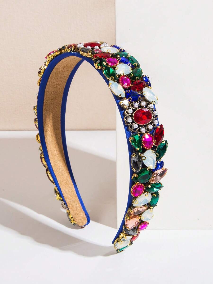 1 pieza Diadema de banda ancha estilo palacio vintage decorada con piedras preciosas multicolor, nuevo estilo de verano para mujer, accesorio de cabello elegante adecuado para reuniones, bailes y fiestas de mujeres, accesorio de ropa brillante (el color y la posición de las piedras preciosas de strass no son fijos, son aleatorios) - Color FG301 - Ver 1