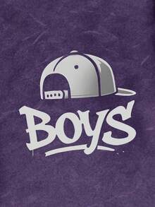 青少年男孩街頭風「Boys」圖案印花休閒短袖T恤，夏季日常必備，適合學校活動 - 紫色 - 查看 2