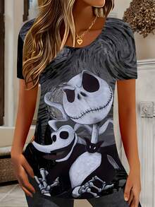 Disney, Jack Skellington And Zero Print, Round Neck Short Sleeve T-Shirt, For Casual Wear - 彩色 - 查看 1