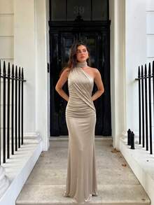 Glazenia Khaki Summer New Elegant Halter Neck Ruffle Backless Fitted Maxi Dress, Sexy Party Evening Date Casual Beach Vacation - Khaki - View 3