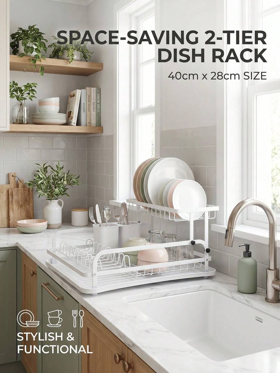 Double-Layer Dish Rack, Kitchen Countertop Organizer, Multi-Functional Cutlery Rack With Drip Tray And Chopstick Holder, Large Capacity Dish Rack, Essential For Home Kitchen Organization, Available In Black And White. - White - View 1