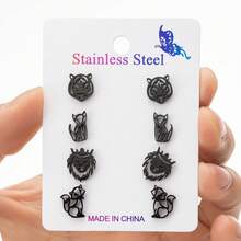 4 pares/set, pendientes de botón de acero inoxidable con cabeza de tigre, león, zorro, de moda, adecuados para hombres y mujeres, bodas y regalos - ZH006 - Ver 6