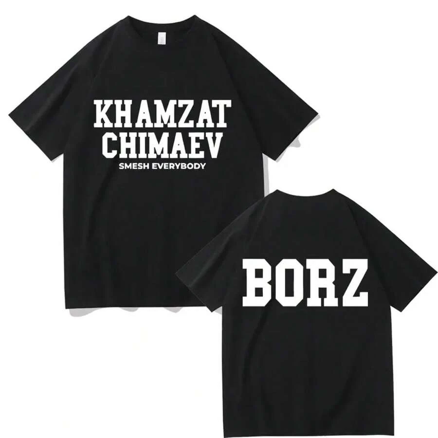 Khamzat Chimaev Logo Double-Sided Printed T-Shirts For Men And Women, Fashion Casual Oversized T-Shirts, Men's Hip-Hop Vintage Streetwear - Black - View 1