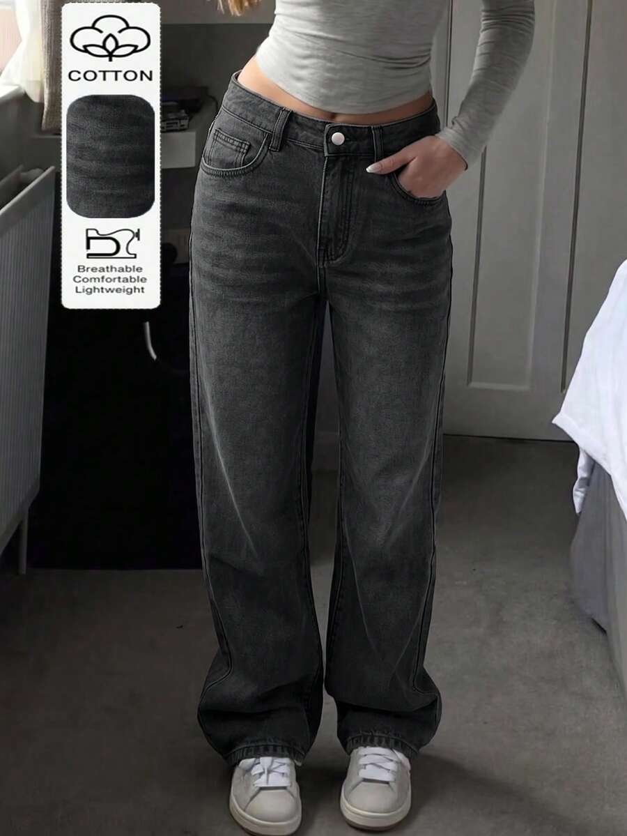 歐美風四季百搭中腰無彈力休閒直筒牛仔褲女款 - 深灰色 - 查看 1