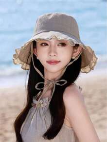 女款春夏戶外遮陽帽，時尚百搭，田園風，防曬寬簷水桶帽 - 多色 - 查看 3