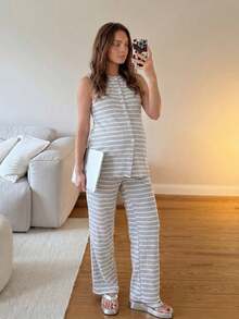2 piezas Conjunto de top de tirantes con botones y pantalones a rayas, informal y de verano, para maternidad - Gris - Ver 1