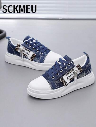 SCKMEU 1 Pasang Sepatu Kanvas Wanita Gaya Olahraga Sol Lembut, Desain Ujung Sepatu Bertali Depan, Warna Denim, Kanvas Peredam Guncangan, Sepatu Kasual Bertali Rendah untuk Skate.