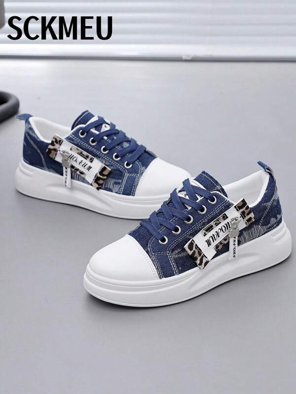 SCKMEU 1 Pasang Sepatu Kanvas Wanita Gaya Olahraga Sol Lembut, Desain Ujung Sepatu Bertali Depan, Warna Denim, Kanvas Peredam Guncangan, Sepatu Kasual Bertali Rendah untuk Skate.