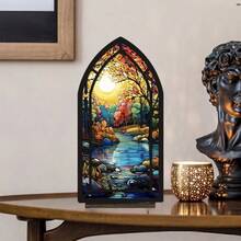 Sujetalibros de acrílico estilo vidrio colorido con bosque y río, estantería decorativa 2D con ventana gótica, organizador de escritorio con paisaje colorido, estantería de arte, adecuado para oficina en casa, regalo único para amantes de los libros y entusiastas de la naturaleza, decoración de escritorio antideslizante - 1PC - Ver 1