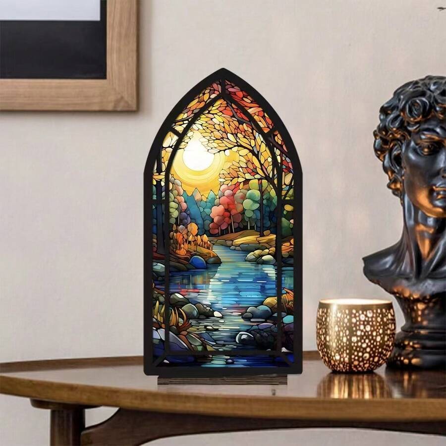 Sujetalibros de acrílico estilo vidrio colorido con bosque y río, estantería decorativa 2D con ventana gótica, organizador de escritorio con paisaje colorido, estantería de arte, adecuado para oficina en casa, regalo único para amantes de los libros y entusiastas de la naturaleza, decoración de escritorio antideslizante - 1PC - Ver 1