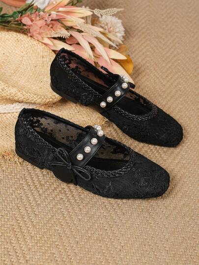 2026 New Vacation Style Bohemian Hollow Lace Mesh Faux Pearl Breathable Bow Mary Jane Flat Women's Shoes, Flat Casual Comfortable Elegant Elastic Band Perforated Shoes, Lightweight, Breathable, Suitable For Daily Casual, Shopping, Office, Ballet And Other Occasions
