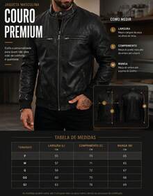 Jaqueta Masculina De Couro Masculino Resistente Com Ziper E Peluciada - Preto - Visão 4