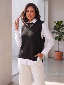 Women's Knitted Vest With Ribbed Crew Neck, Sleeveless, Casual And Elegant Knitwear For Autumn/Winter - 沙 - 查看 7