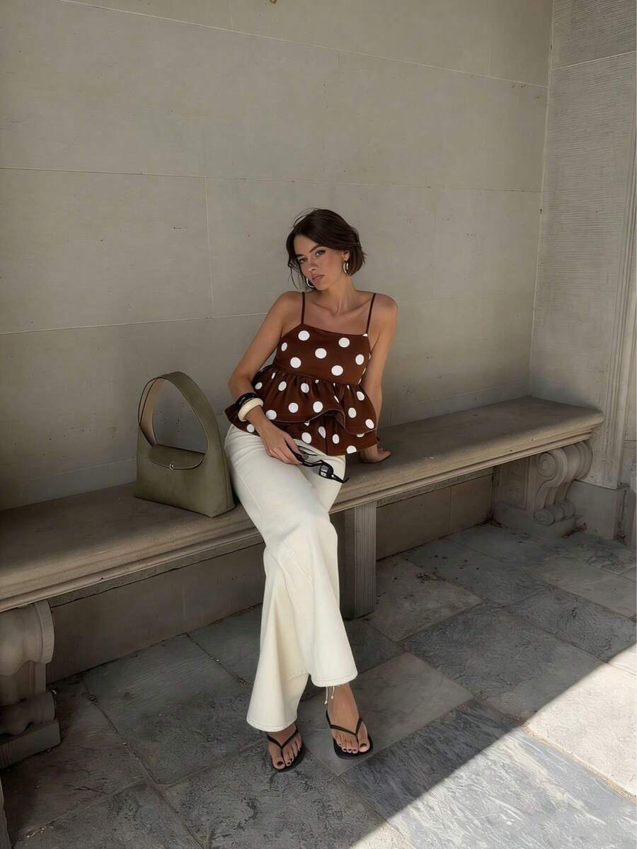Nuevo top de camisola elegante y casual de primavera/verano para mujer con estampado de lunares de doble capa con volantes - dobladillo con doble volante, plisado, tirantes ajustables, liger - Café integral - Ver 1