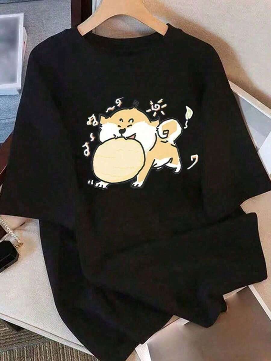 Women's Summer 2026 T-Shirt, 100% Cotton. Loose Fit, Round Neck, And Short Sleeves, With A Cartoon Print. A Comfortable And Versatile Garment, Ideal For Everyday Wear. - 黑色 - 查看 1