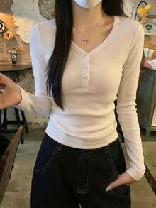 Women's V-Neck Long Sleeve Solid Color Casual T-Shirt - White - View 6