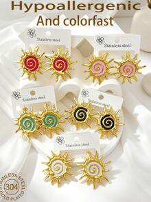 5 pares de pendientes de botón de mujer de moda hipoalergénicos de acero inoxidable 304 con diseño de girasol, pendientes de espiral esmaltados, joyería chapada en oro que no se desvanece - Multicolor - Ver 13