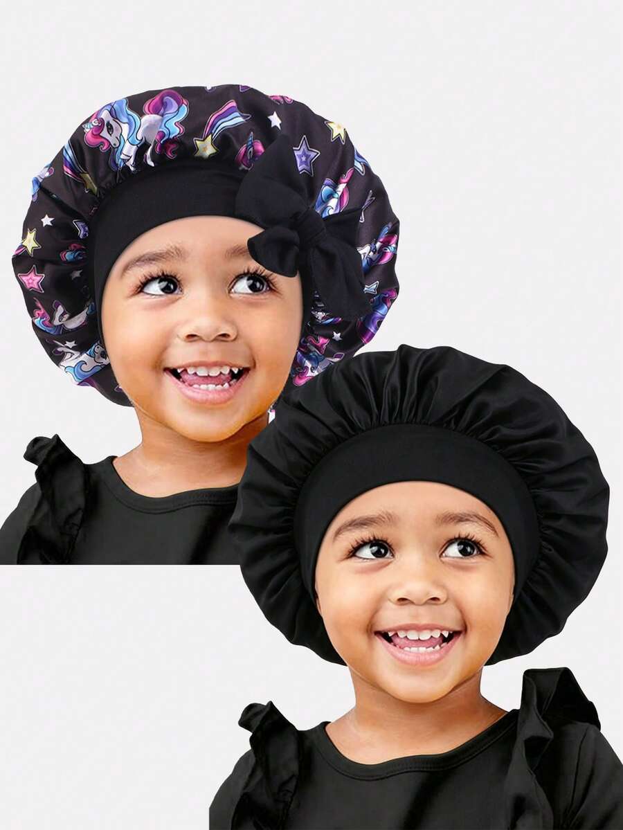 2pcs Printed Elastic Ribbon Satin Round Hair Caps For Toddlers - K-21 Black / JDKB-21E Black Unicorn - View 1