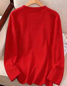 Women's USA Flag Long Sleeve Tee, Patriotic Crewneck Top, Loose Soft Fit, 4th Of July Outfit, US Pride Minimalist American Casual Everyday Apparel - 紅色 - 查看 3