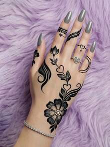 1 Pc Romantic Black Henna Floral Temporary Tattoo Set, Waterproof Long Lasting Fake Tattoo, Intricate Boho Body Art For Hands & Fingers - 黑色 - 查看 3