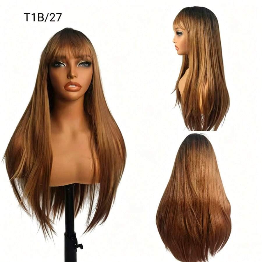 Long, Straight Wig With Bangs - Heat-Resistant Fiber, Suitable For Daily Use, 60 Cm, 280 G, KAYANE - Dark Brown - View 1