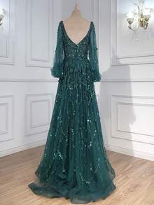 Champagne Beaded Evening Gown For Women V Neck Long Sleeve Tulle Prom Dress With Train Formal Party Ball Gown - 綠色 - 查看 1