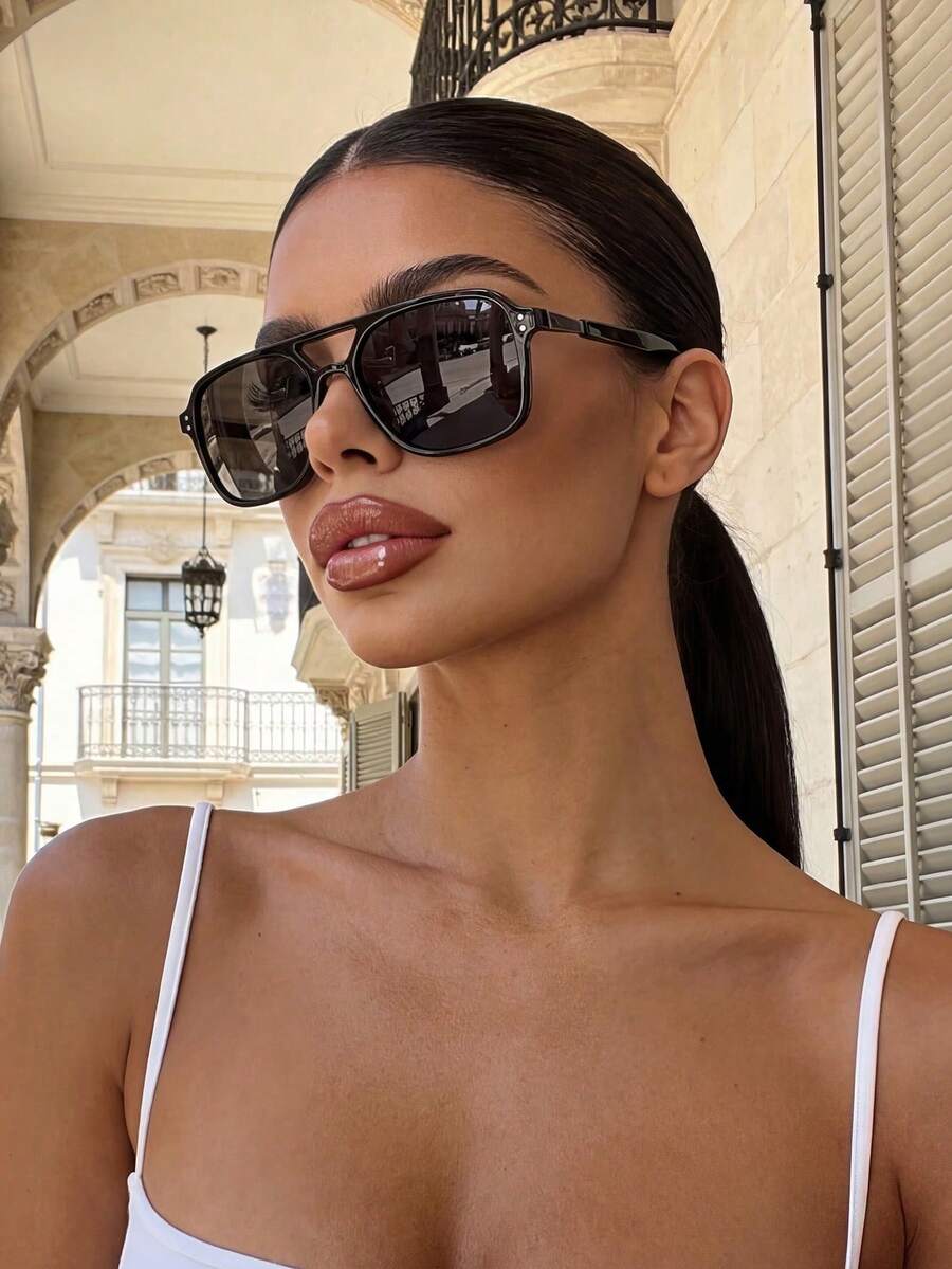 1 Pair Unisex Vintage Square Aviator Glasses With Rivet Decoration, Classic Fashion Style, UV Protection, Essential For Summer Vacation, Retro Style, Suitable For Beach, Travel, Driving, Daily Wear, Fits Large Face Women - Multicolor - View 1