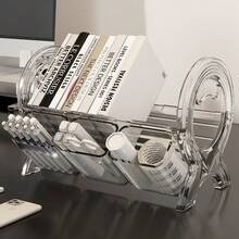 1pc Clear/Black Acrylic Desk Organizer With Bookend, 2-In-1 Desktop Storage Rack For Books, Stationery, Magazines & Vinyl Records, Multi-Compartment Office Organizer For Home, School & Office - Multicolor - View 8
