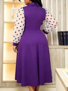 Plus Size Dark Purple Elegant Pleated Midi Dress Women Lapel Collar Polka Dot Sheer Long Sleeves High Waist Elegant Business Church Fall Outfit - Purple - View 2